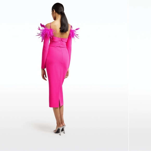 Safiyaa Vittoria Off the Shoulder Feather Dress Pink Midi Dress US sz 2 (FR 34) - Picture 3 of 12